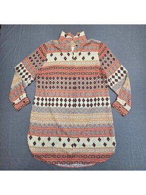 Chicos Size 2 Large Womens Long Sleeve Colorful Geometric Print Tunic Shirt
